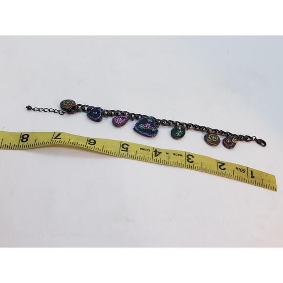 Puffy Heart Charm Bracelet Brass Tone Enamel Decor Teardrop 7 Locket Charms - Picture 12 of 14